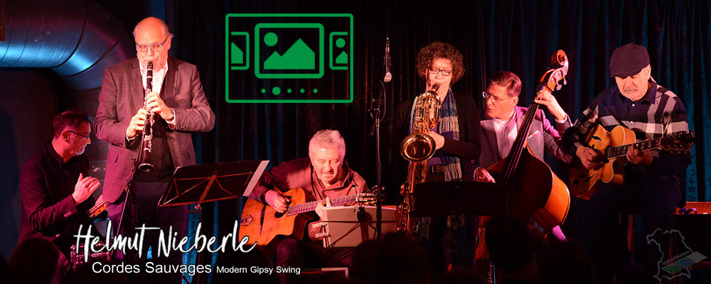 das slideshow-Fenster für 'helmutnieberle.de' anzeigen ...
Stephan Holstein (cl) - Ferry Baierl (g), Wolfgang Kriener (b), Scotty Gottwald (dr) - Franzi Forster (fl, sax) - Helmut Nieberle (7-str g)